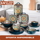 Juego de Comedor Completo de 14 Piezas en Cerámica con Estampa Elegante y Diseño Atemporal